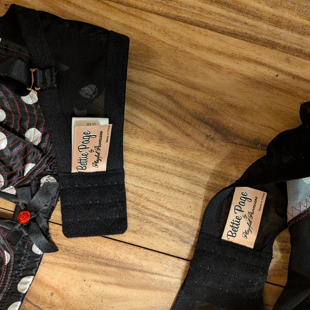 Bettie Page Black and White Polka Dot Bra With Garter Belt